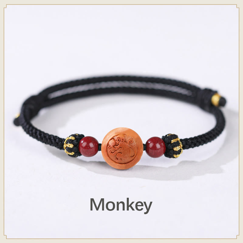 Natural Peach Wood Chinese Zodiac Fu Character Carved Cinnabar Wealth Bracelet
