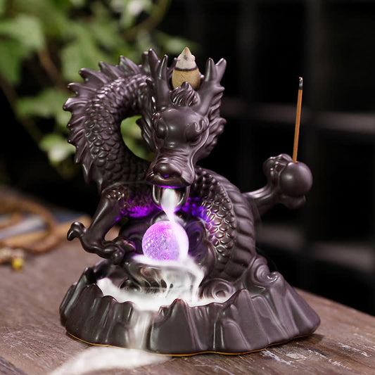 Auspicious Dragon Ceramic Backflow Smoke Fountain Meditation Incense Burner Led Ball Decoration