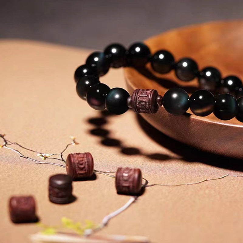 Natural Gold Sheen Obsidian Rainbow Obsidian Om Mani Padme Hum Fu Character Bracelet
