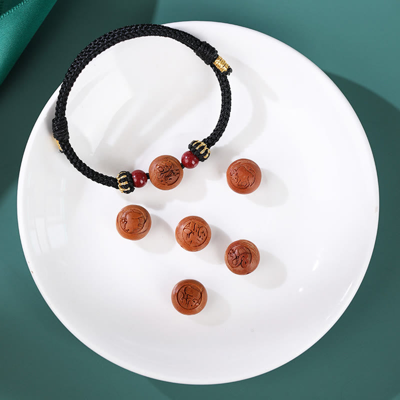 Natural Peach Wood Chinese Zodiac Fu Character Carved Cinnabar Wealth Bracelet