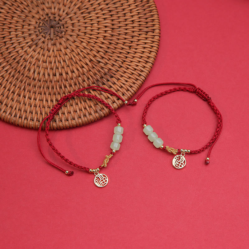 Handcrafted Jade Bead Fu Character Charm Luck Red Rope Bracelet