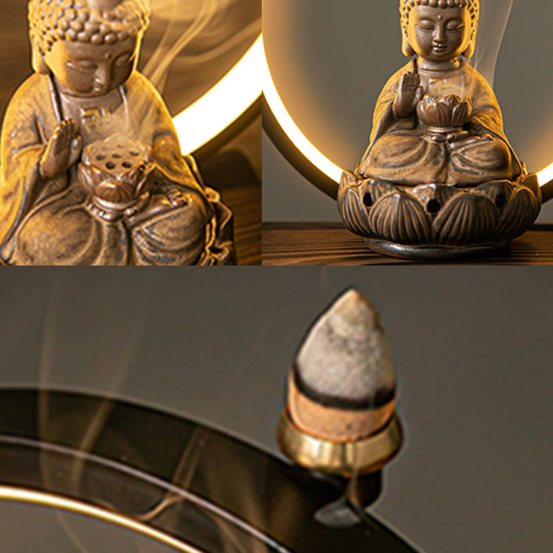 Buddha Lotus Backflow Smoke Fountain Ceramic Blessing Incense Burner With Light Decoration