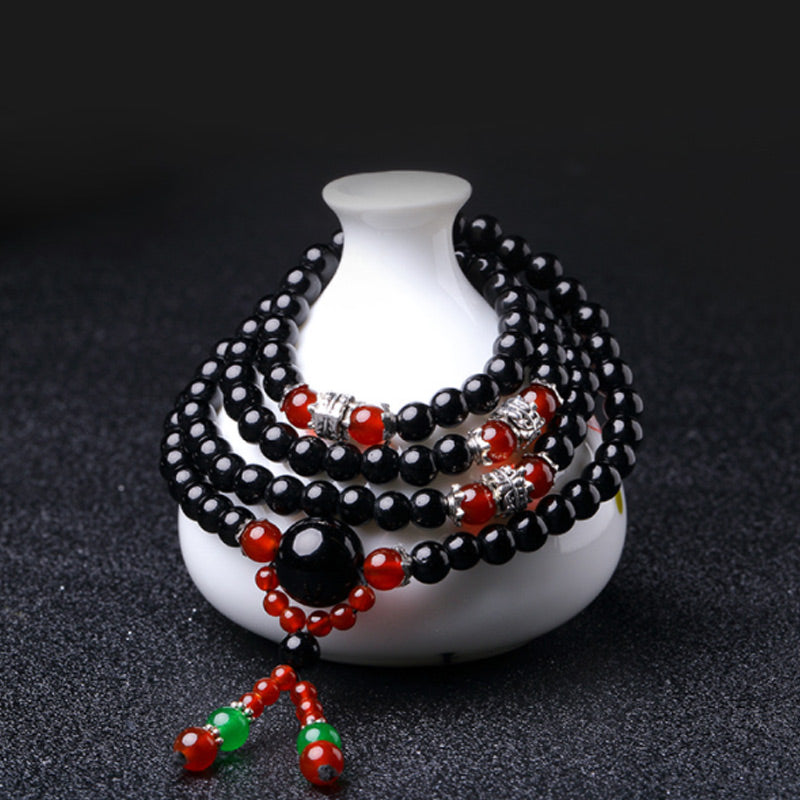 108 Beads Natural Black Obsidian Tiger Eye Mala Bracelet