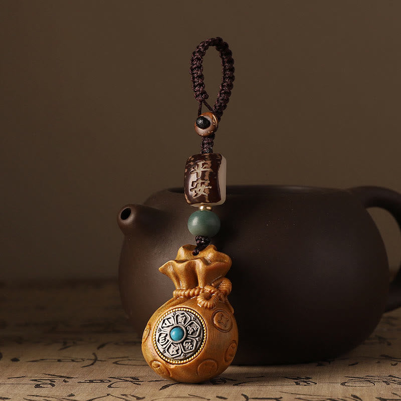 Small Leaf Red Sandalwood Green Sandalwood Money Bag Om Mani Padme Hum Rotatable Protection Keychain Phone Hanging Decoration