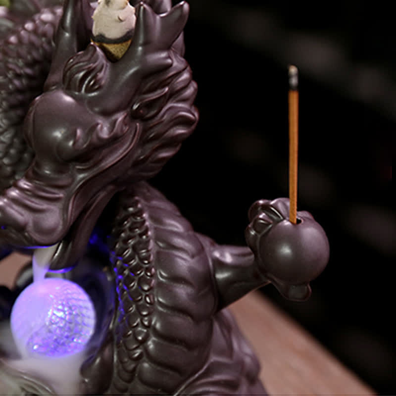 Auspicious Dragon Ceramic Backflow Smoke Fountain Meditation Incense Burner Led Ball Decoration