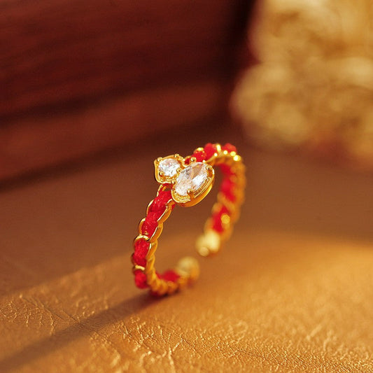 Red String Copper Alloy Gourd Blessing Open Band Ring
