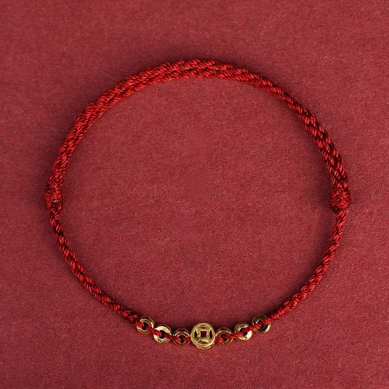 Braided Red String Round Chinese Coin Good Fortune Bracelet