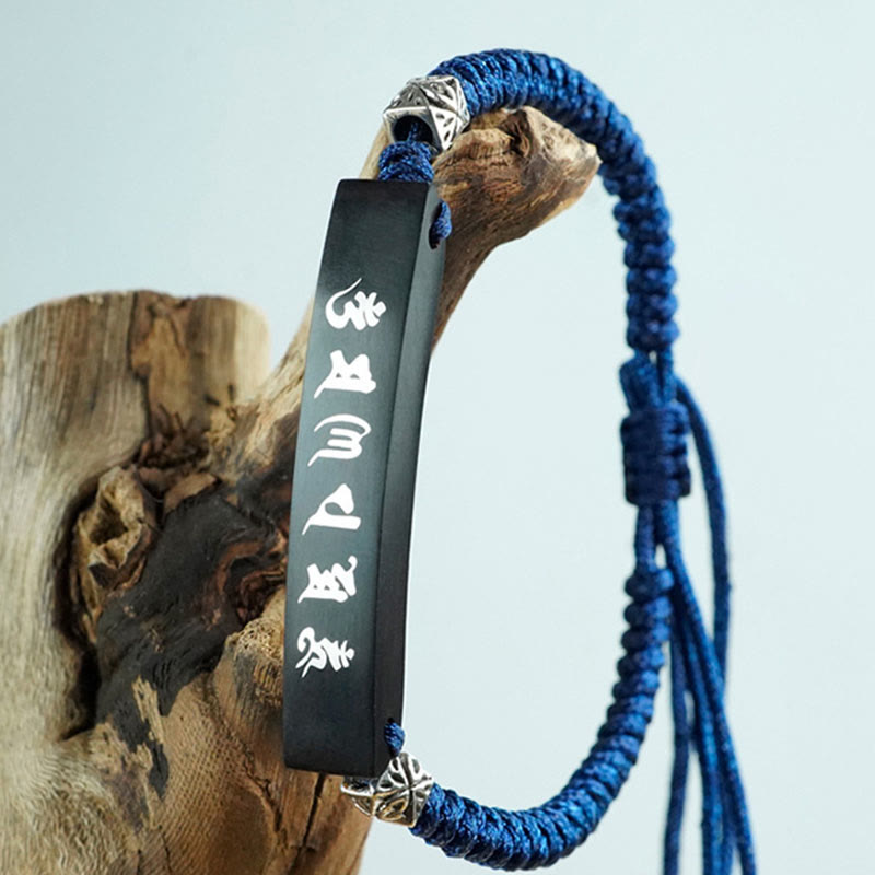 Buddhism Six True Words Wood Ebony Wood Silver Inlaid Protection Bracelet