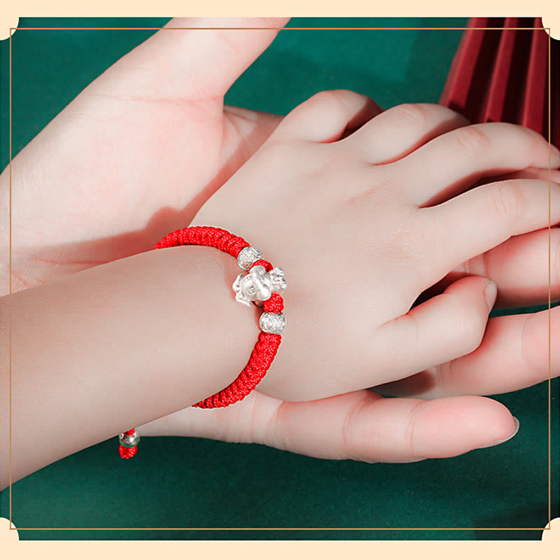999 Sterling Silver Chinese Zodiac Red Rope Luck Handcrafted Kids Bracelet