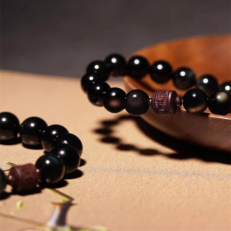 Natural Gold Sheen Obsidian Rainbow Obsidian Om Mani Padme Hum Fu Character Bracelet