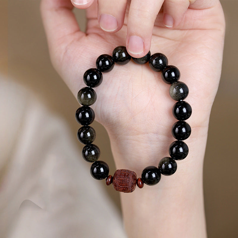 Natural Gold Sheen Obsidian Rainbow Obsidian Om Mani Padme Hum Fu Character Bracelet