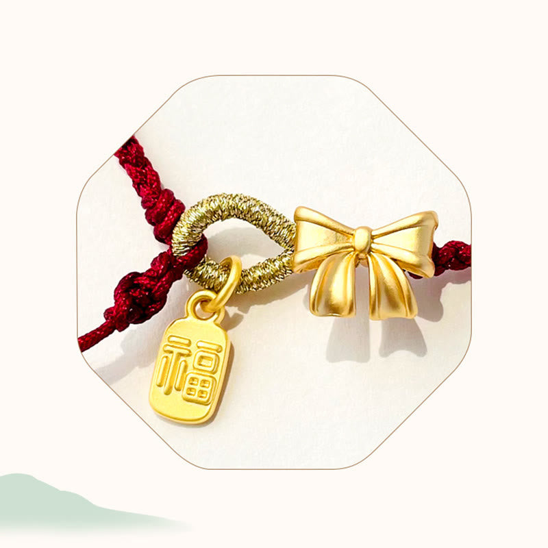 Handmade Peach Blossom Rosette Bow Knot Fu Character Charm Luck Fortune Red Rope Bracelet