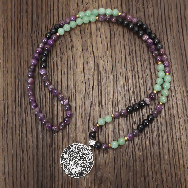 108 Mala Beads Amethyst Green Aventurine Lotus Meditation Bracelet