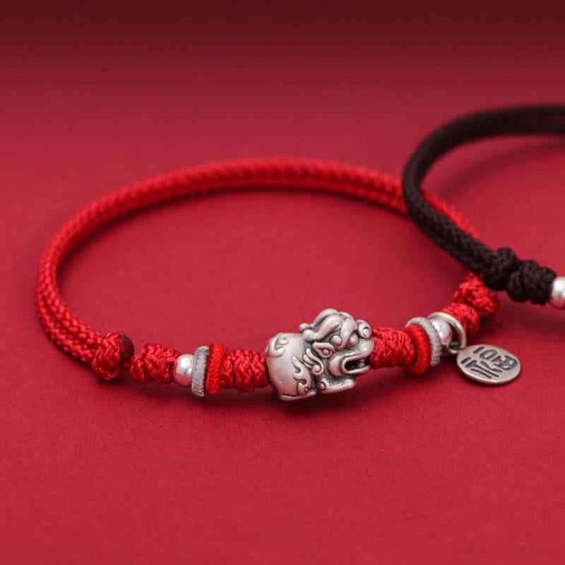925 Sterling Silver PiXiu Fu Character Wealth Luck Handmade Braided Bracelet