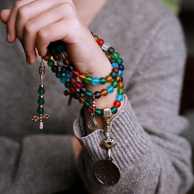 Tibetan 108 Mala Beads Multicolored Liuli Glass Bead Chinese Zodiac Nine Palaces Eight Diagrams Charm Bracelet