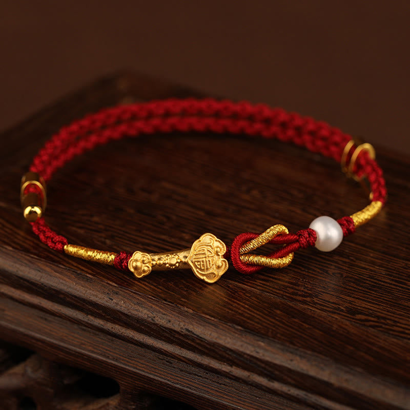 24K Gold Wish Ruyi Handle Fu Character Rabbit Pearl Luck Braided Bracelet