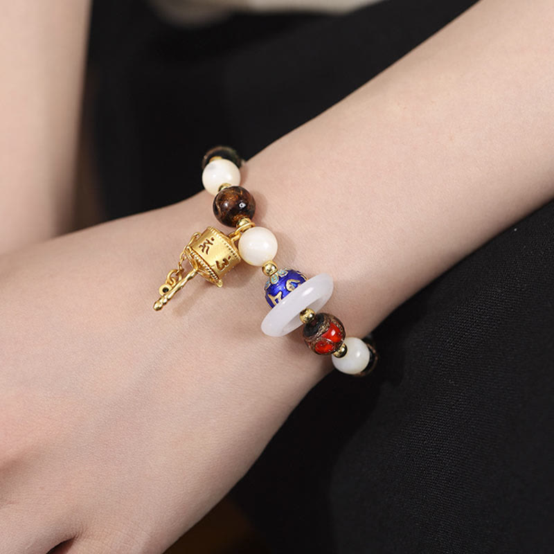 Tibetan Incense Ash Liuli Glass Tridacna Stone Sun Stone Om Mani Padme Hum Prayer Wheel Charm Bracelet