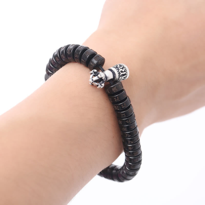 Tibet Coconut Shell Carved Om Mani Padme Hum Dorje Vajra Bell Happiness String Bracelet