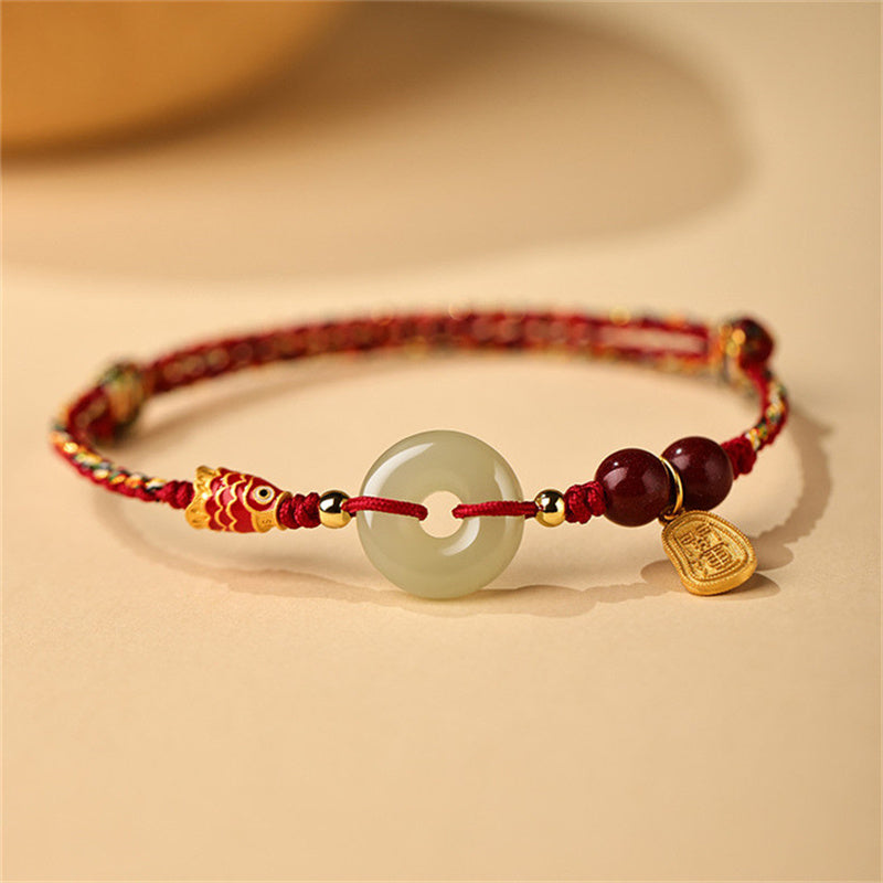 925 Sterling Silver Koi Fish Hetian Jade Peace Buckle Luck Bracelet