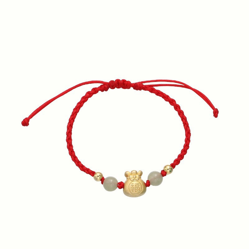 Lucky Money Bag Fu Character Jade Bead Luck Braided Bracelet