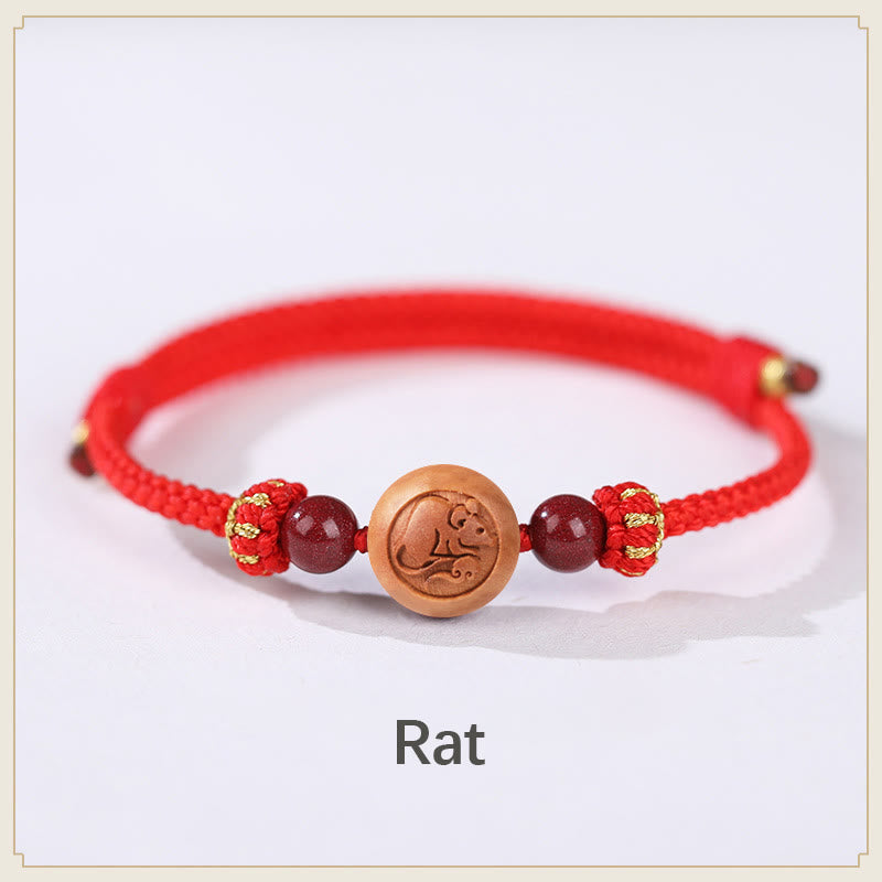 Natural Peach Wood Chinese Zodiac Fu Character Carved Cinnabar Wealth Bracelet