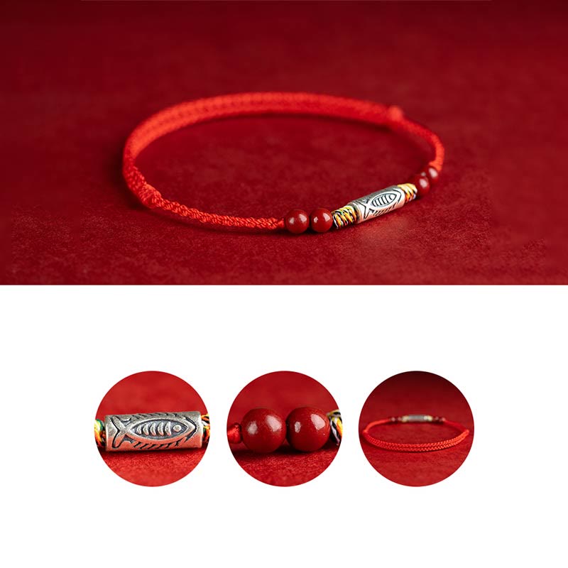 925 Sterling Silver Koi Fish Cinnabar Bead Wealth Handcrafted Braided Bracelet Anklet