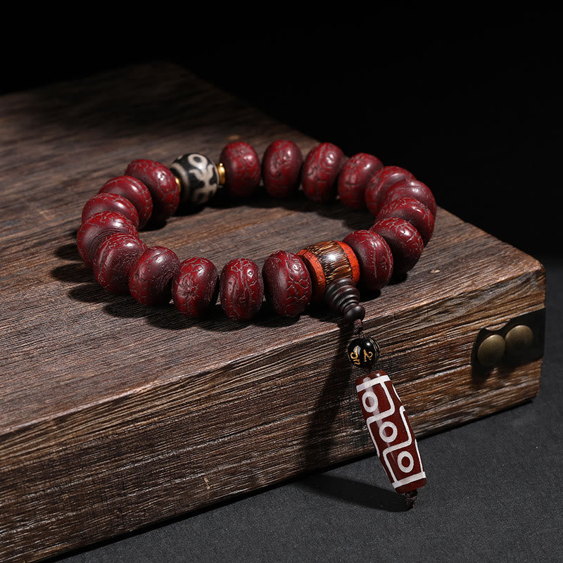 Tibet Bodhi Seed Dzi Bead Dancing Lion Luck Bracelet Wrist Mala