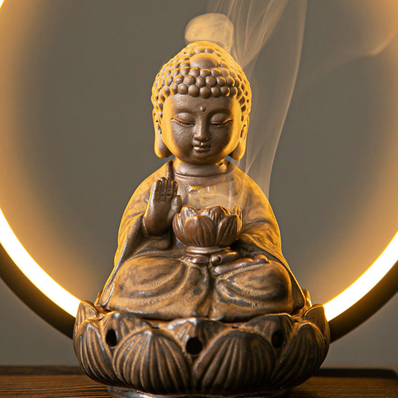 Buddha Lotus Backflow Smoke Fountain Ceramic Blessing Incense Burner With Light Decoration