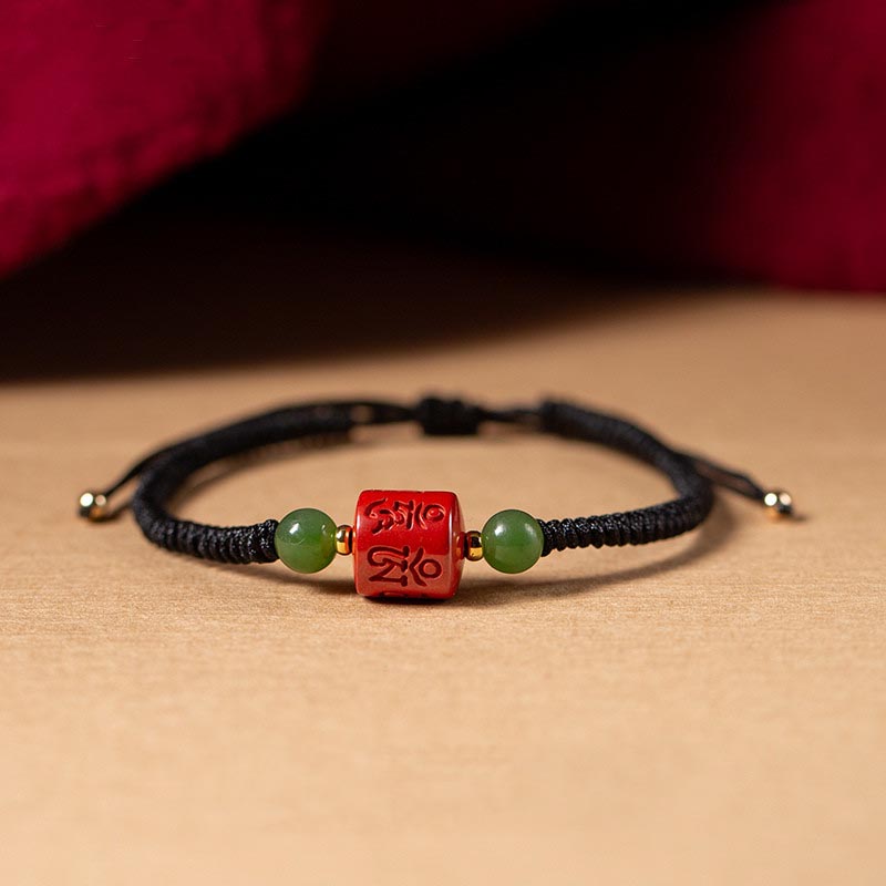 Tibetan Cinnabar Om Mani Padme Hum Engraved Blessing Braided Rope Bracelet