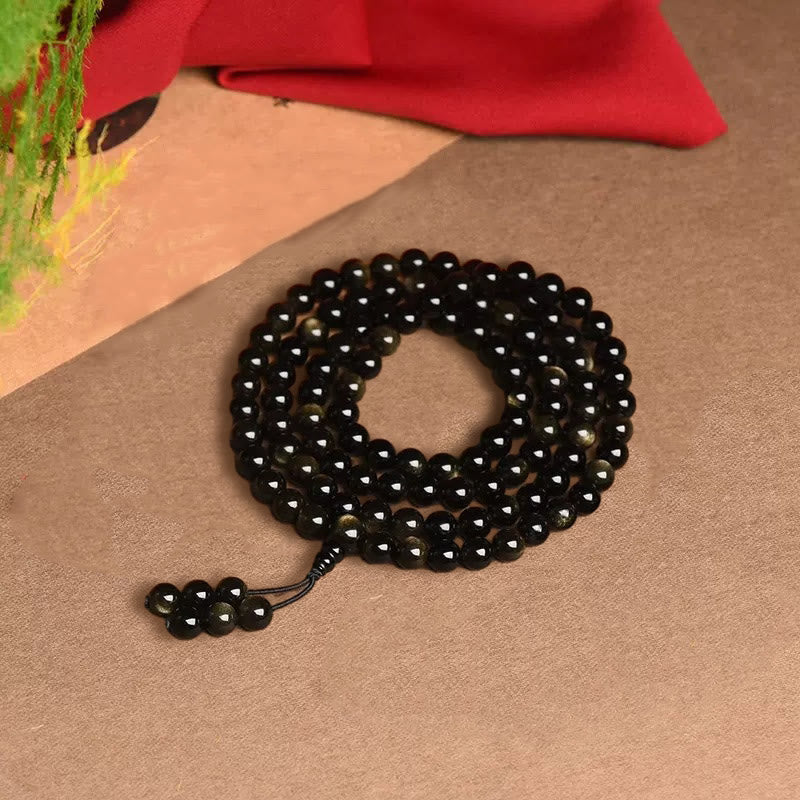 108 Mala Beads Natural Gold Sheen Obsidian Wealth Bracelet