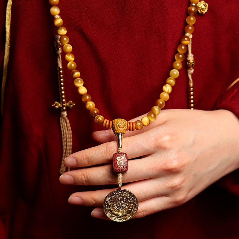 108 Mala Beads Natural Tiger Eye Copper Dorje Protection Tassel Bracelet