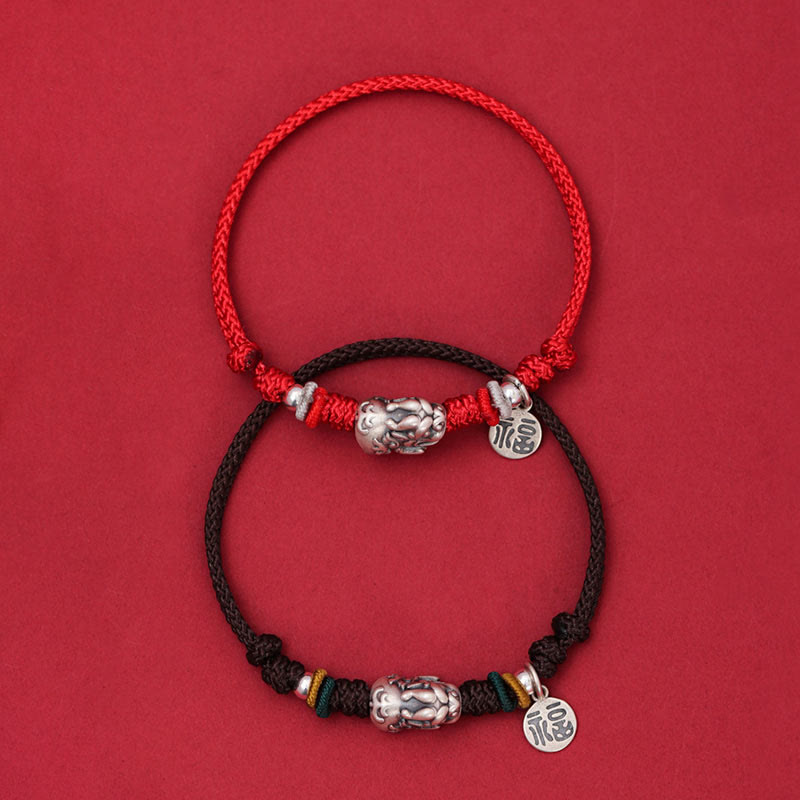 925 Sterling Silver PiXiu Fu Character Wealth Luck Handmade Braided Bracelet