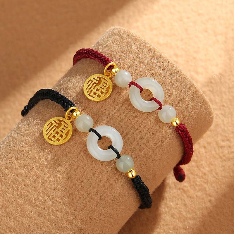 925 Sterling Silver Hetian Jade Peace Buckle Fu Character Charm Abundance Bracelet