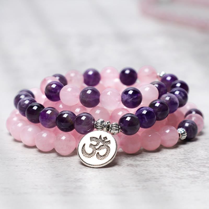 Natural Rose Quartz & Amethyst Mala Bead Lotus Pendant Bracelet