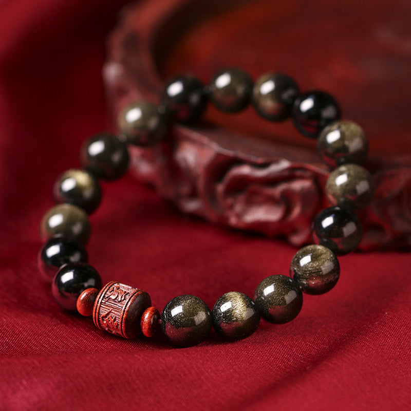 Natural Gold Sheen Obsidian Rainbow Obsidian Om Mani Padme Hum Fu Character Bracelet