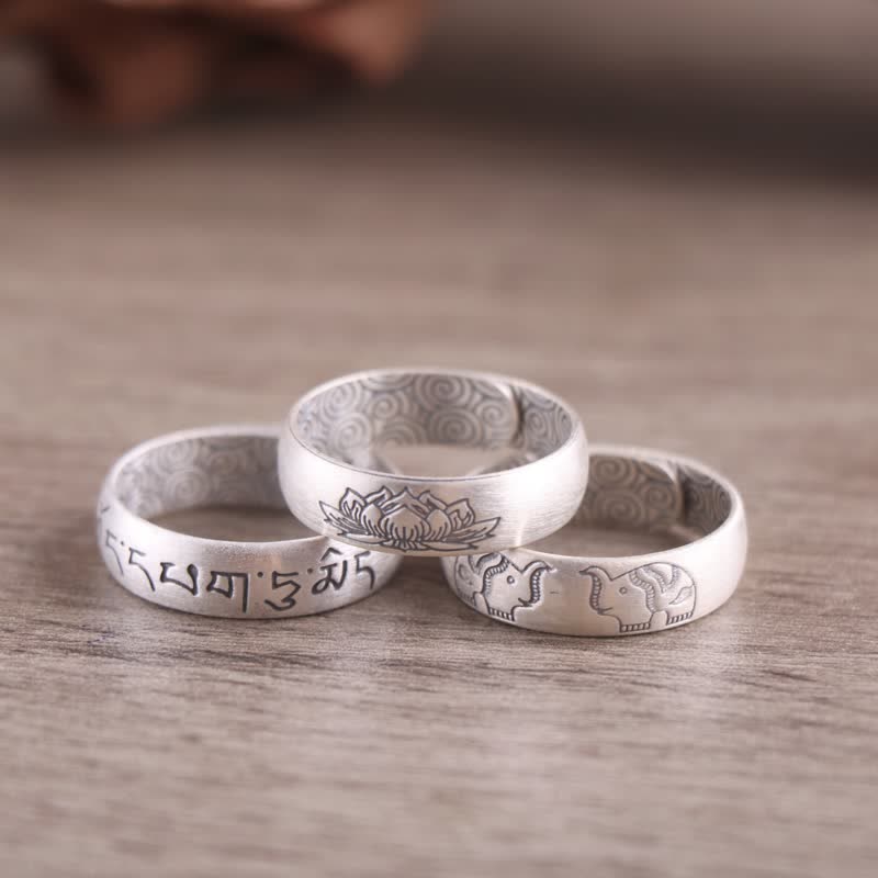 999 Sterling Silver Lotus Elephant Six True Words Blessing Ring