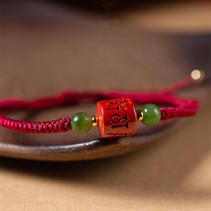 Tibetan Cinnabar Om Mani Padme Hum Engraved Blessing Braided Rope Bracelet