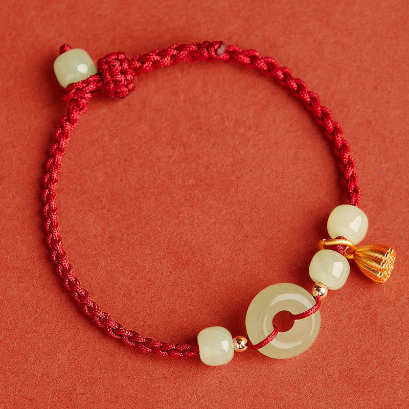 Round Peace Buckle Jade Lotus Happiness Abundance Wealth String Bracelet