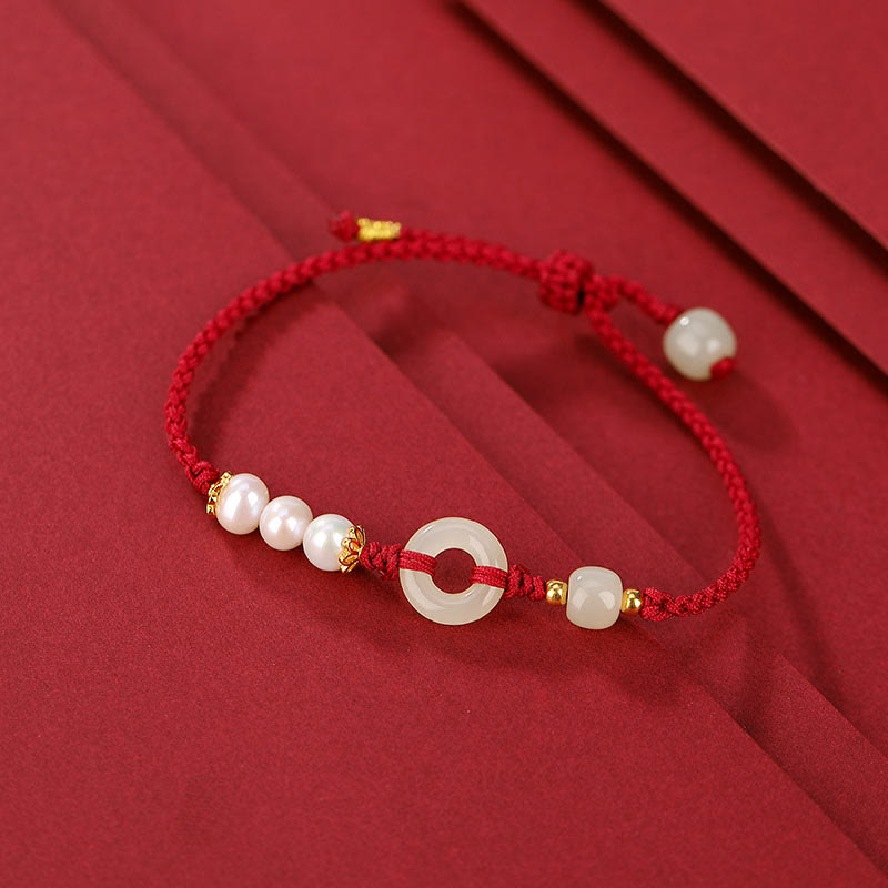 925 Sterling Silver Plated Gold Hetian Jade Peace Buckle Pearl Luck Bracelet