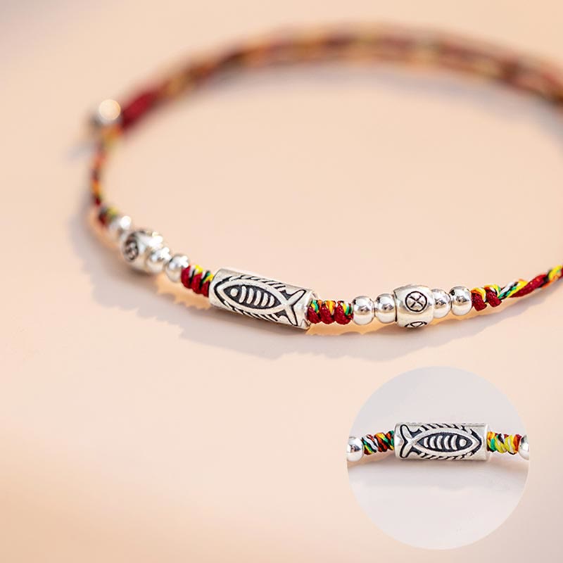 925 Sterling Silver Luck Koi Fish Braided Colorful String Bracelet Anklet