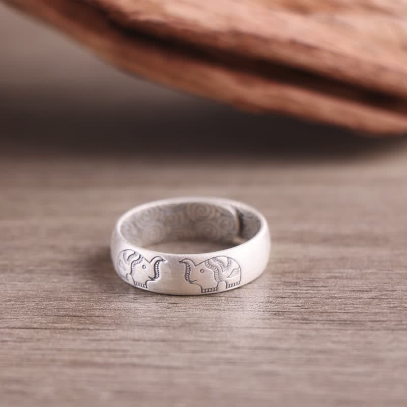 999 Sterling Silver Lotus Elephant Six True Words Blessing Ring