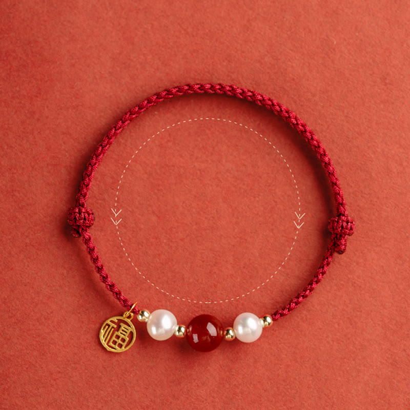 925 Sterling Silver Good Fortune Fu Character Agate Pearl Red String Braid Bracelet