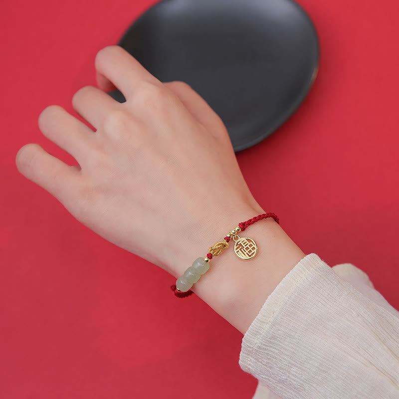 Handcrafted Jade Bead Fu Character Charm Luck Red Rope Bracelet