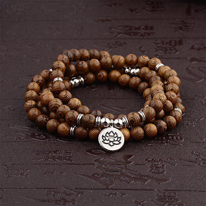 Tibetan Wood Bracelet Lotus Charm Mala