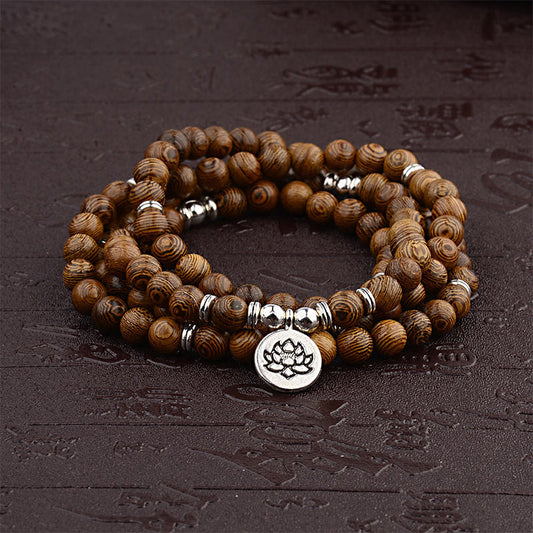Tibetan Wood Bracelet Lotus Charm Mala
