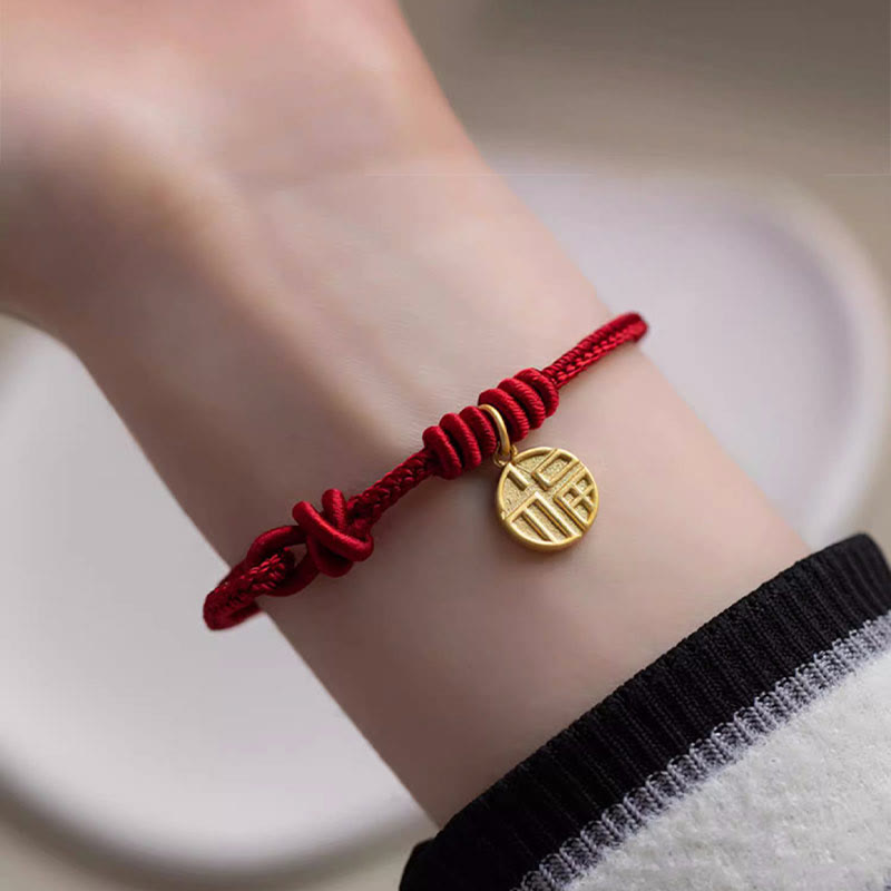 Handmade Eight Thread Peace Knot Fu Character Charm Luck Happiness Red Rope Bracelet
