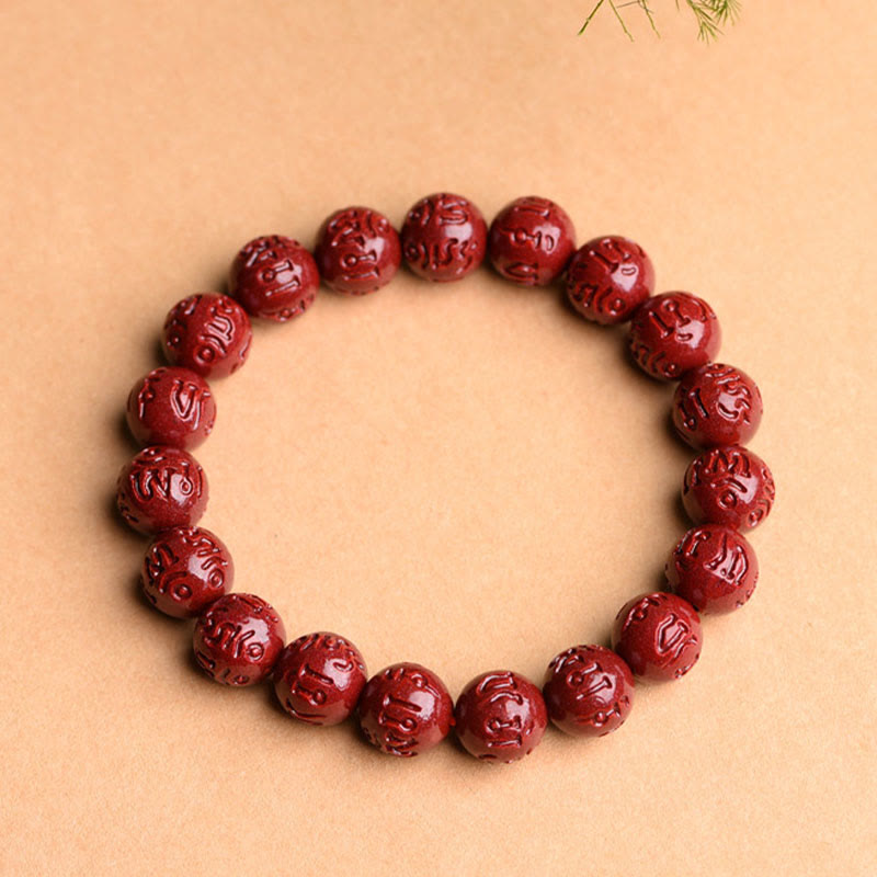 Natural Cinnabar Om Mani Padme Hum Fret Pattern Lotus Blessing Bracelet