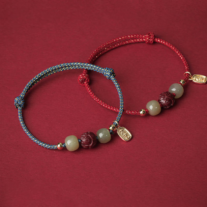 14K Gold Plated Hetian Jade Cinnabar Lotus Luck Handcrafted Rope Bracelet
