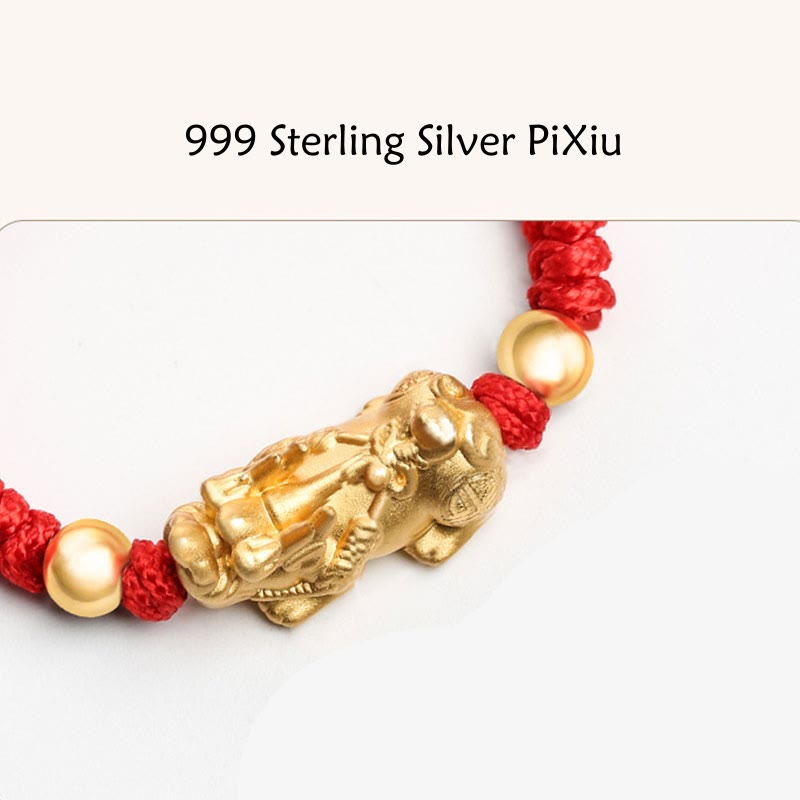 999 Sterling Silver PiXiu Wealth King Kong Knot String Braided Kids Child Bracelet