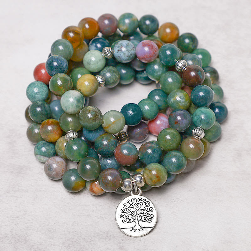 108 Mala Beads Indian Agate Lotus OM Tree of life Positive Calm Bracelet
